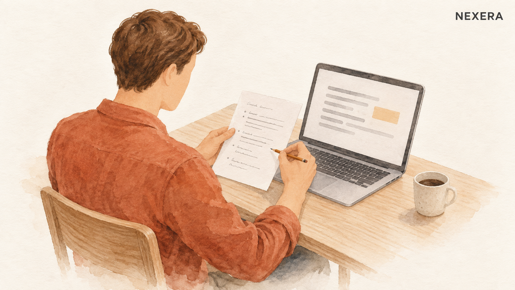 A faceless man comparing a draft on a laptop with the original notes on paper