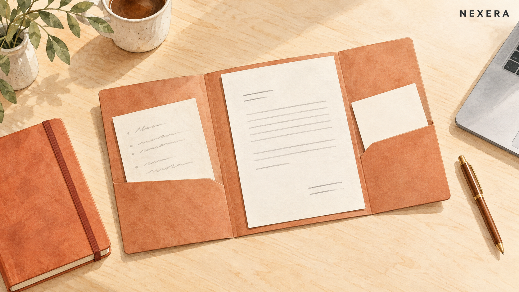 A tidy practice folder with notes and a sample customer update beside a laptop