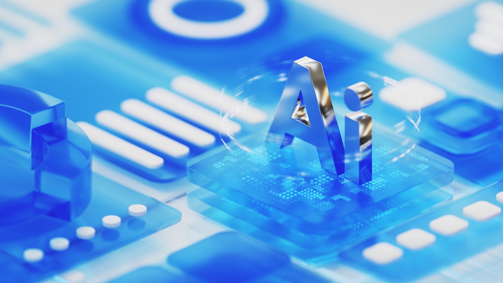AI unit symbol. Power quantum Ai component on abstract chip, circuit board made with  an abstract soft transparent shapes in style of data charts