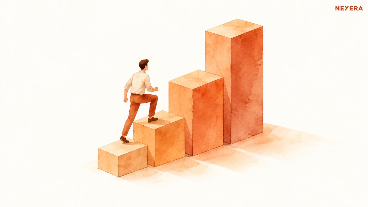 A faceless man climbing a short staircase of warm blocks where each step is taller than the one before