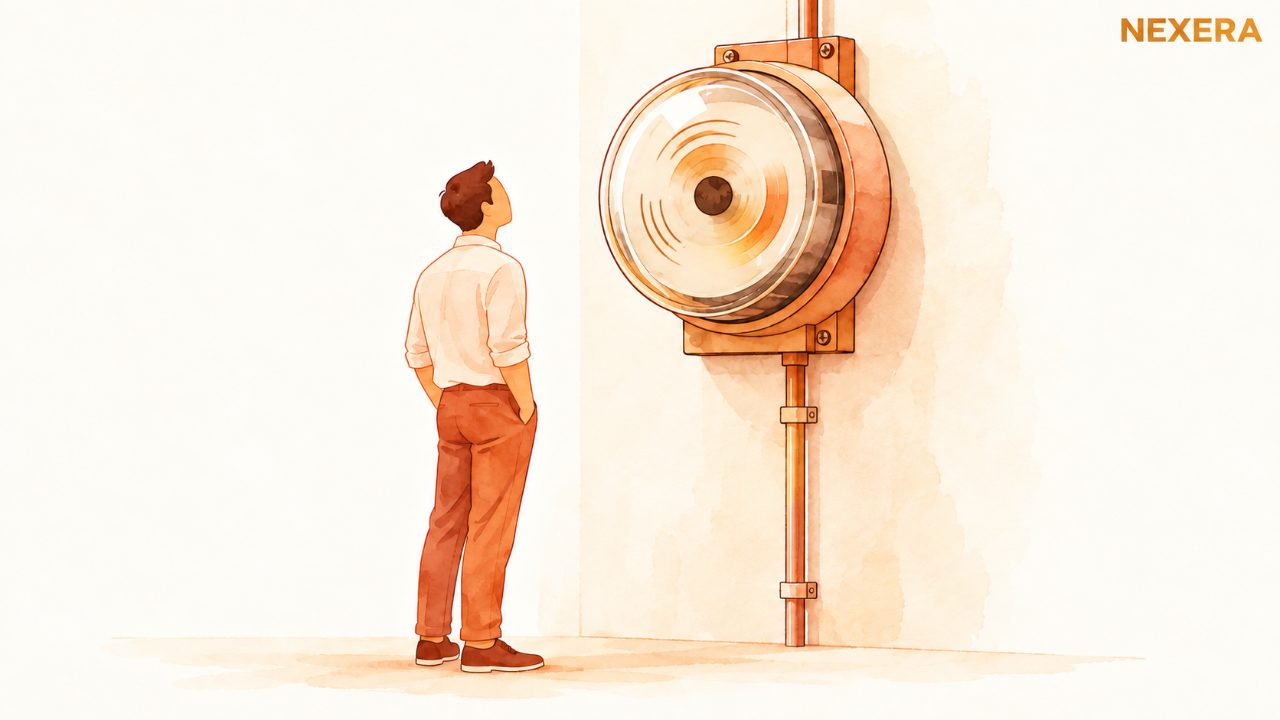 A faceless man in plain clothes standing beside a large warm-toned utility meter on a wall, watching its dial