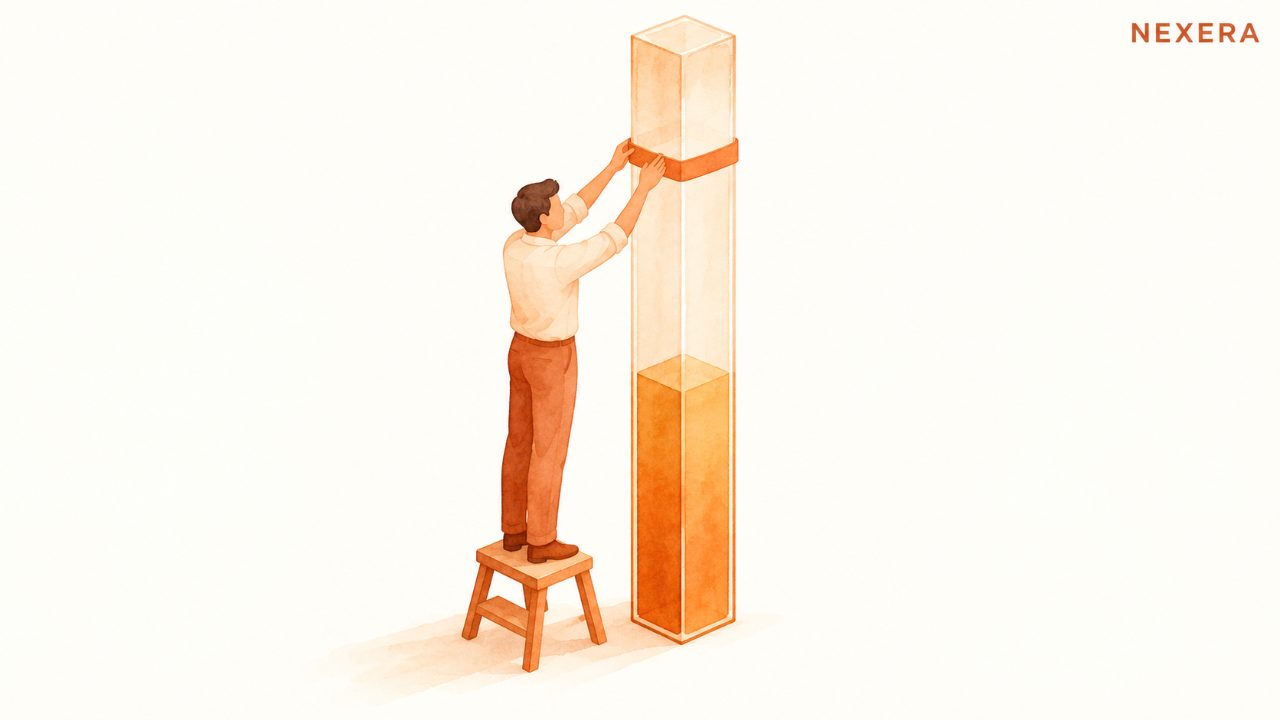 A faceless man on a step stool placing a horizontal marker band partway up a tall warm-toned gauge column that is filling from the bottom