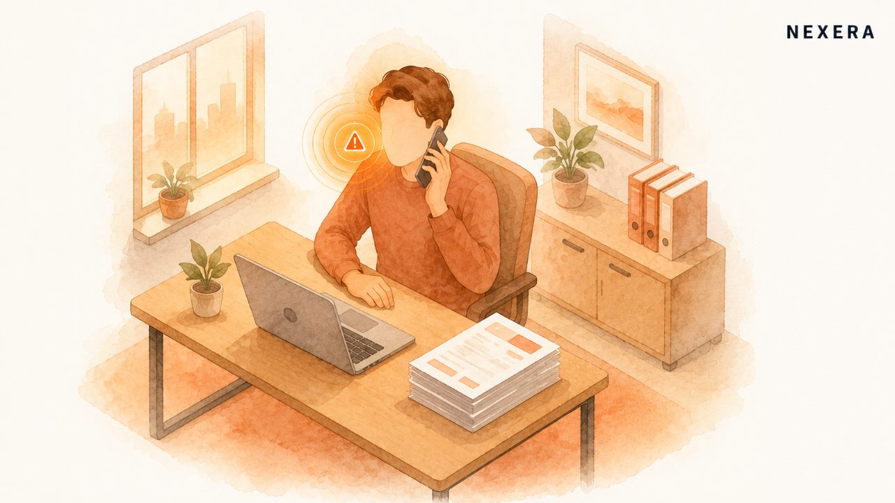 A faceless man in a finance office taking an urgent phone call