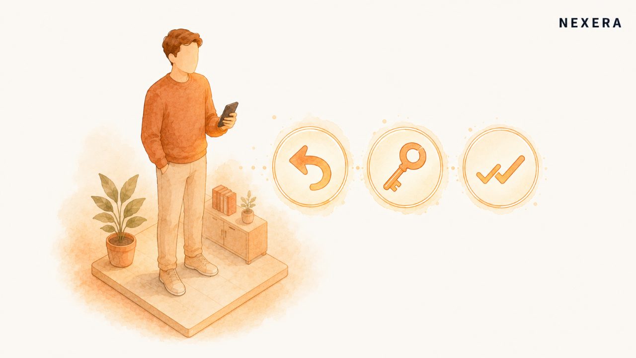 A faceless man holding a phone beside three verification icons, a callback arrow, a key, and check marks