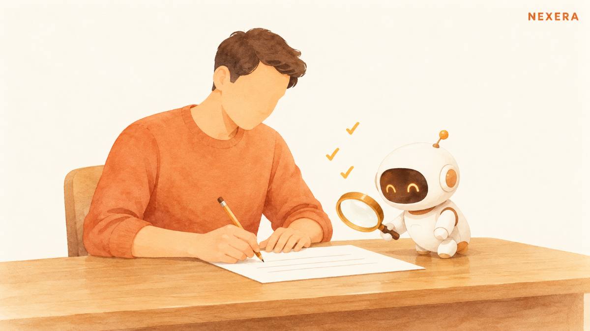 A faceless man writing on a page with a pencil while a small rounded robot beside him checks the work with a magnifying glass