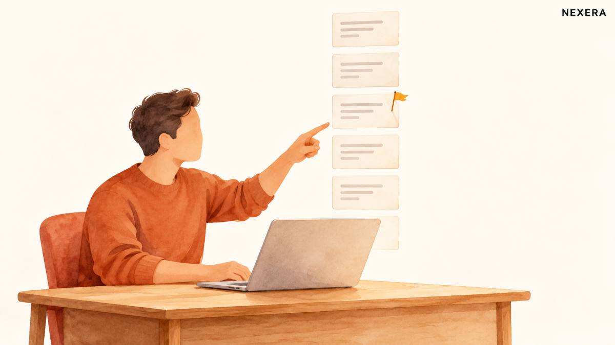 A faceless man at a laptop pointing at a column of identical posts, one of them marked with a small amber flag