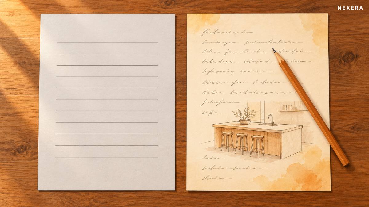 Two letters side by side on a wooden desk, one plain and grey, the other warm amber with a small hand-drawn kitchen sketch and pencil notes