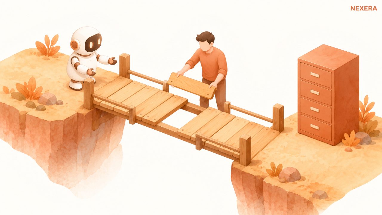 A faceless man holding a missing section of a bridge between a small robot and a filing cabinet
