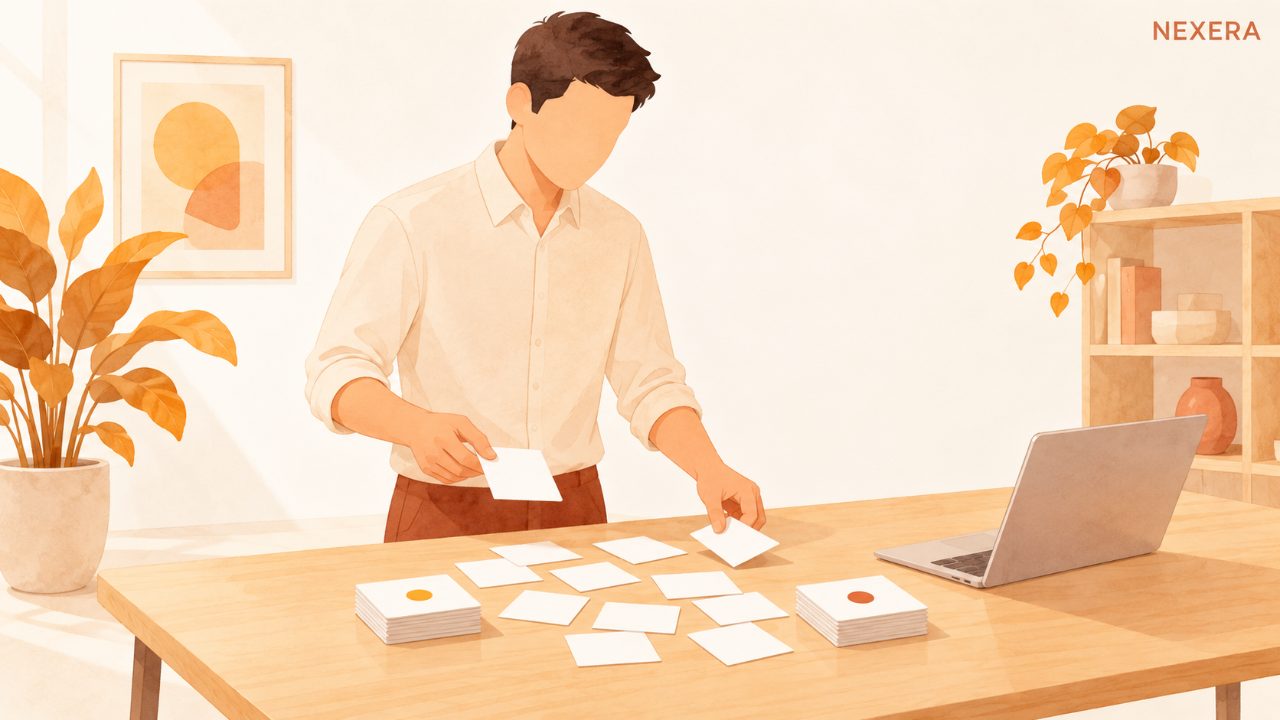 A faceless man sorting cards into two piles on a warm desk