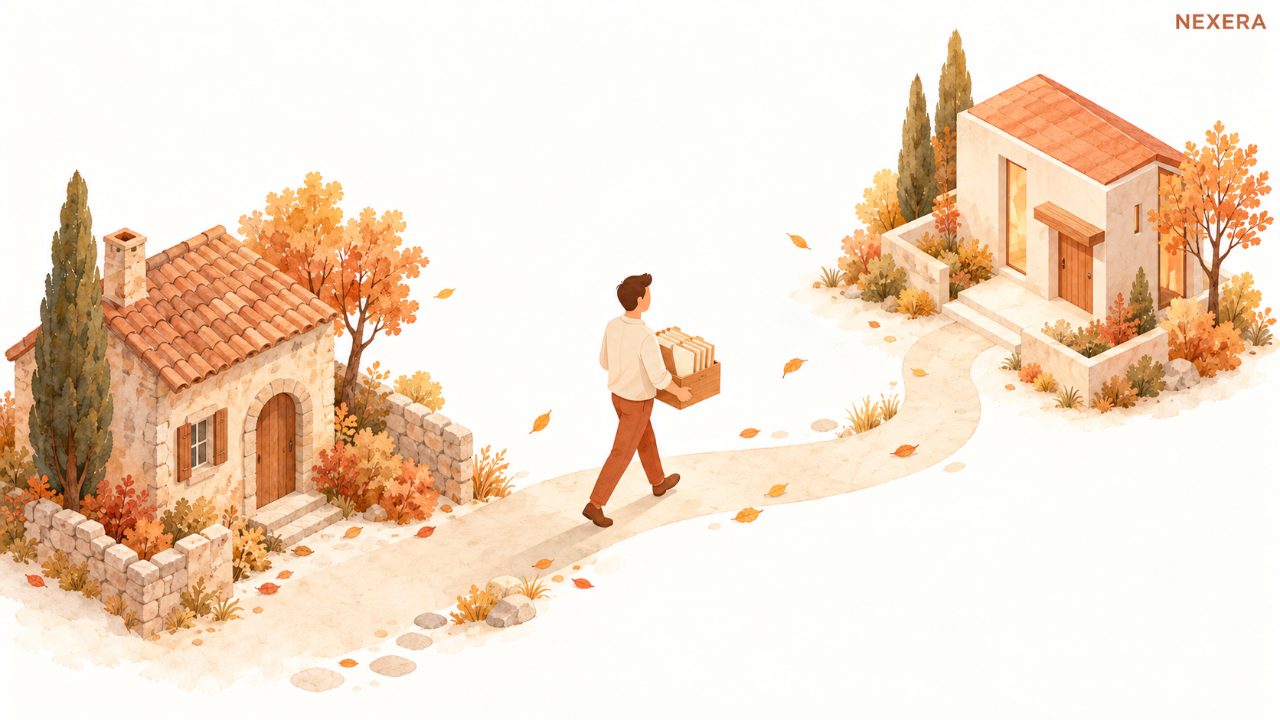 A faceless man carrying a small wooden box of folders along a path from one building to another