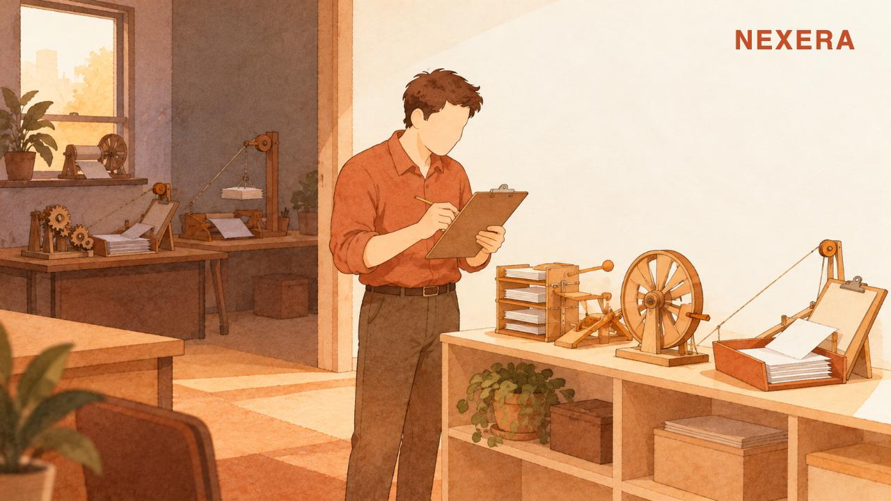 A man with a clipboard counting three small machines while more sit unnoticed behind him