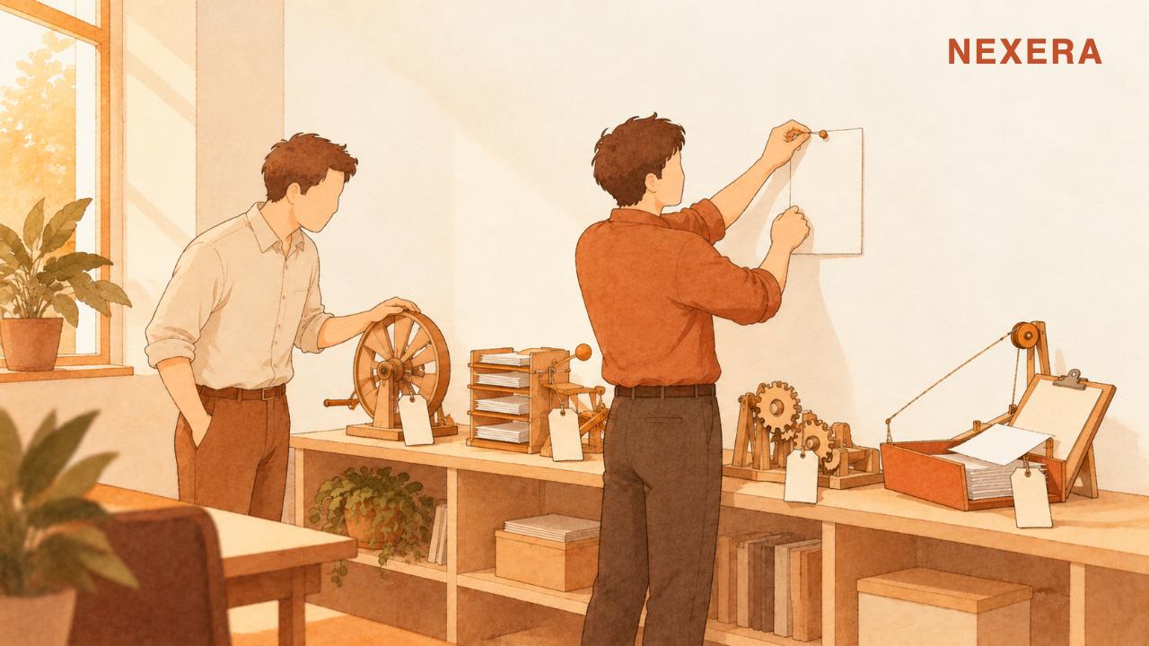 A man pinning a short written list to the wall beside a shelf of tagged homemade machines