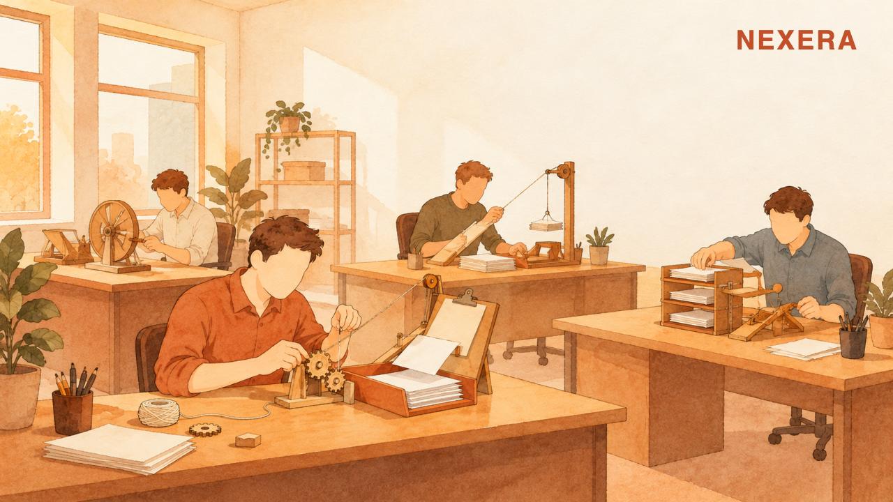 Four men at desks in a small office, each working on a different small homemade machine