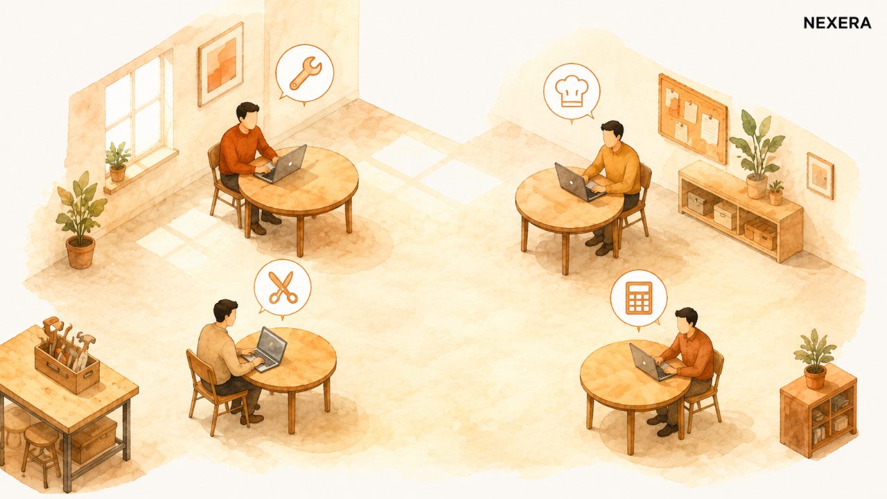 Small business owners from different trades building AI tools side by side in a workshop room