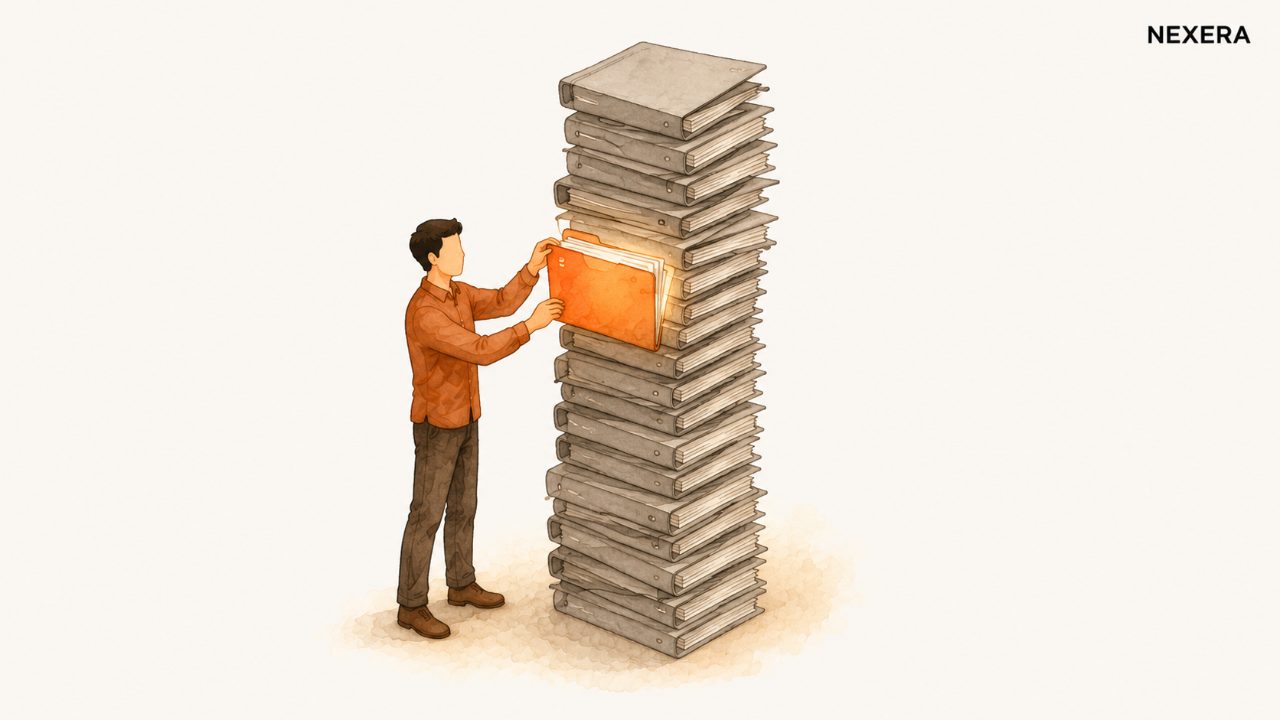 A faceless man pulls a single labeled folder out of a tall stack of identical paperwork
