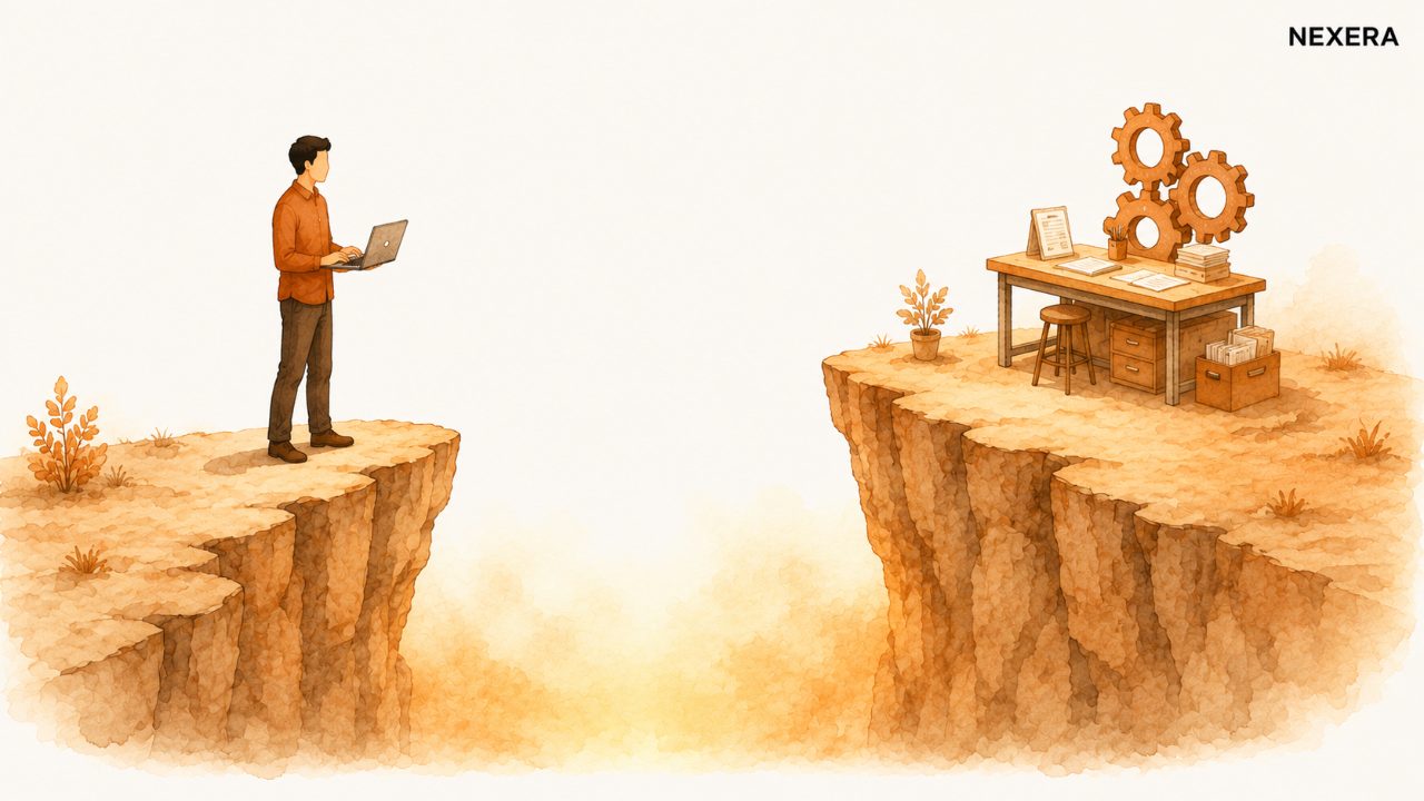 A faceless man stands at the edge of a gap between two ledges, one labeled with a lightbulb and the other with gears