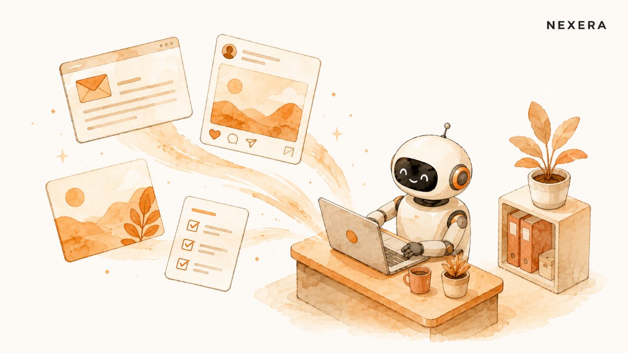 A small robot assistant cheerfully producing a fan of draft emails, posts and images