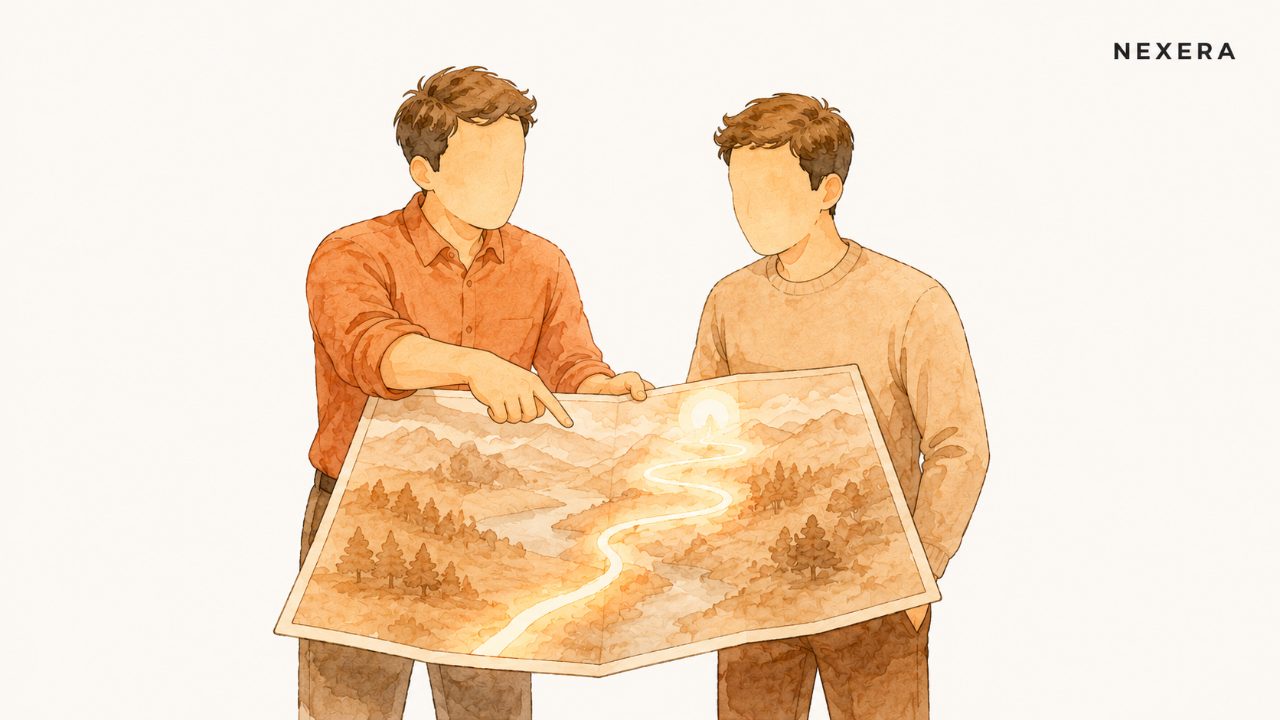 Two faceless men looking at a clear path on a map, one showing the way to the other