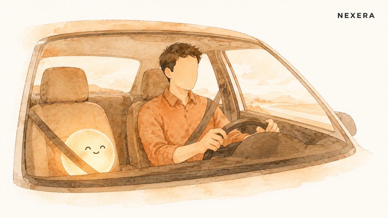 A faceless man keeping both hands on a steering wheel with a soft glow in the passenger seat