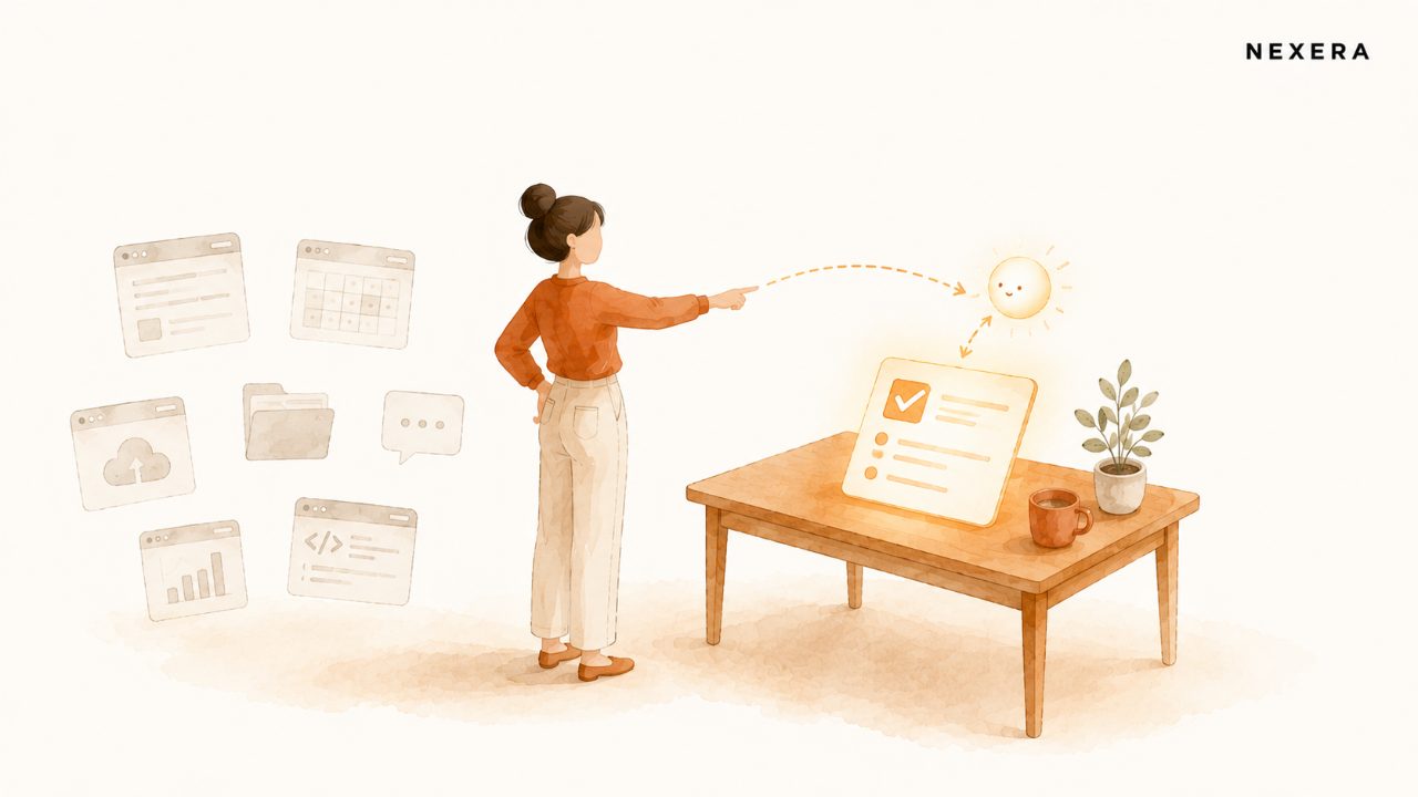 A business owner calmly directing a single AI assistant toward one clear task
