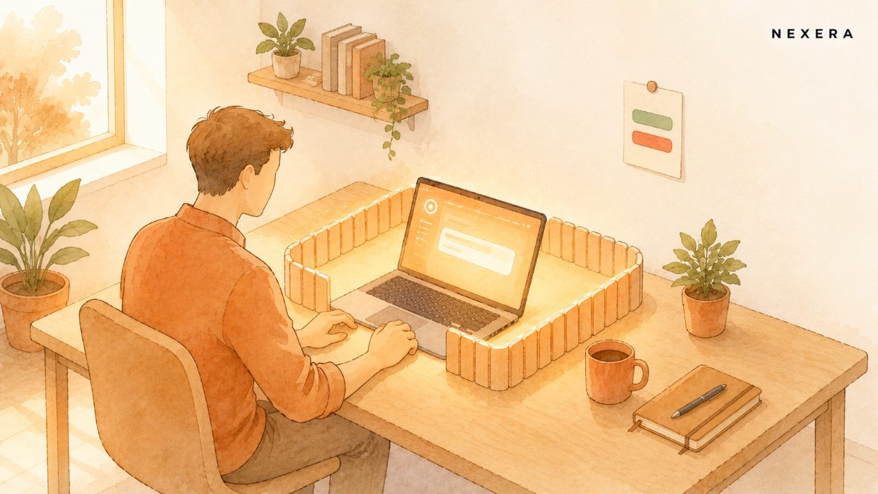 A faceless man working at a laptop enclosed in a low protective fence, beside a pinned green and red checklist card
