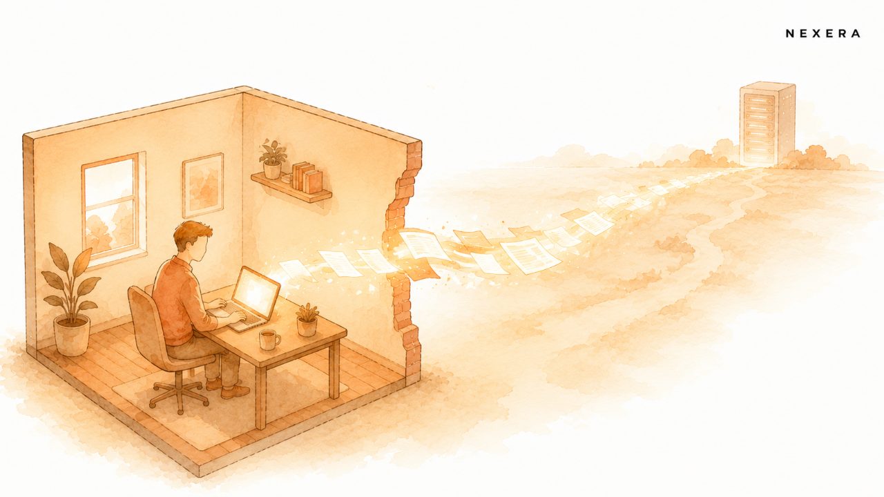 Data streaming out of a small office through the wall toward a distant server tower on the horizon
