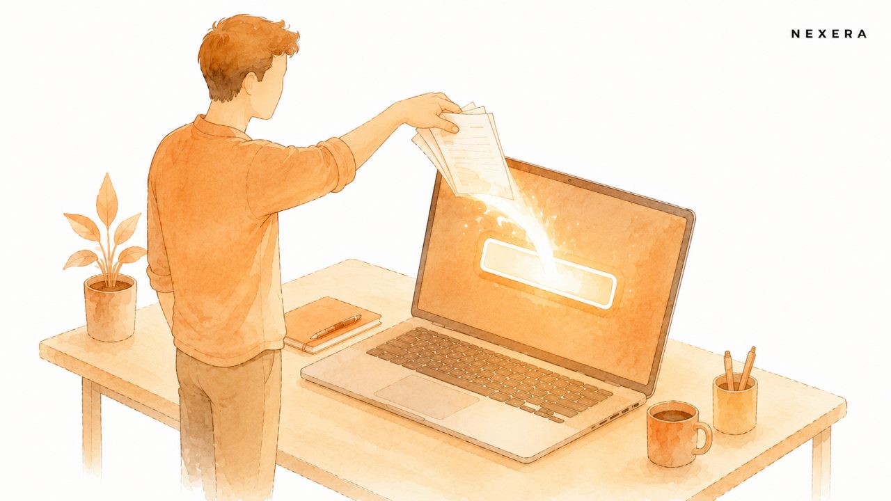 A faceless man dropping a stack of documents into a glowing AI chat box, the pages turning to light