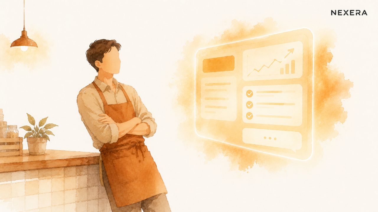 A faceless man in work clothes hanging back warily from a softly glowing AI screen