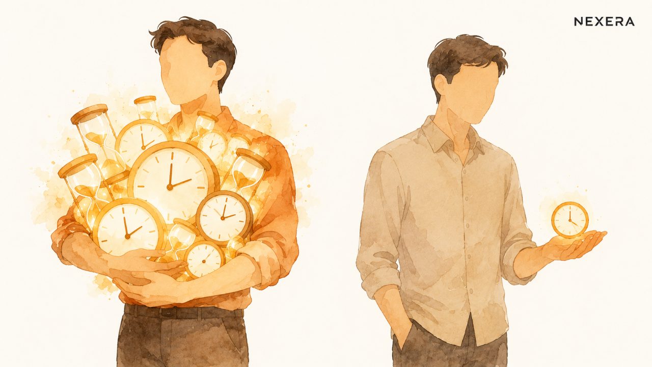 Two faceless figures, one holding many hours of saved time and one holding very little