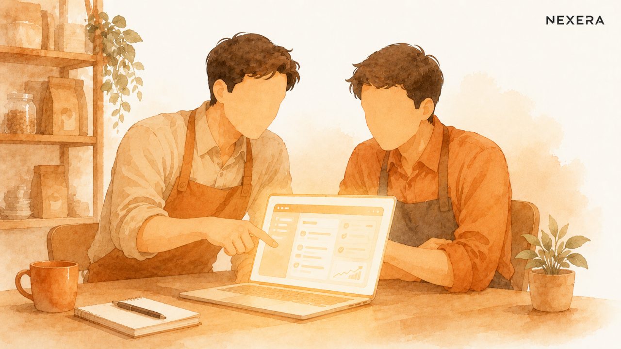 A faceless man sitting beside another faceless man at his workstation, showing him something on a glowing screen