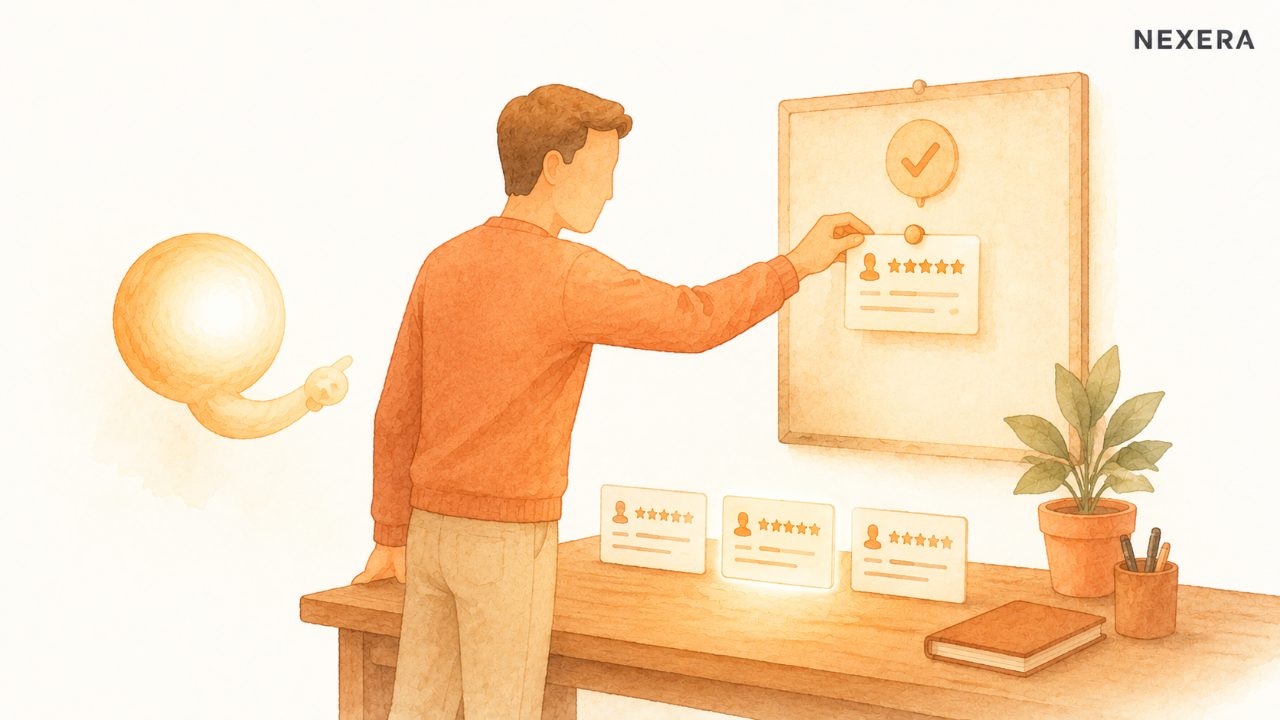 A man at a desk choosing one highlighted insight card and pinning it to a board marked with a check