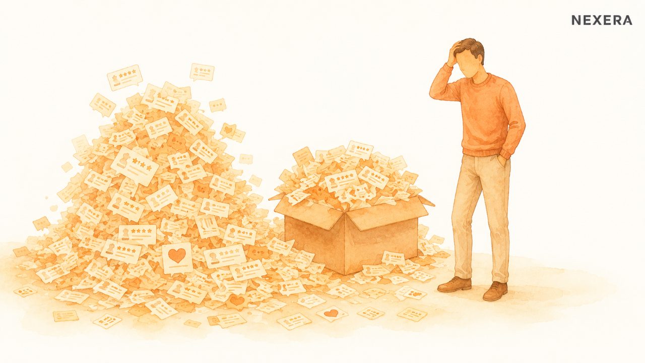 A man standing beside an overflowing box of unread customer feedback notes and star cards