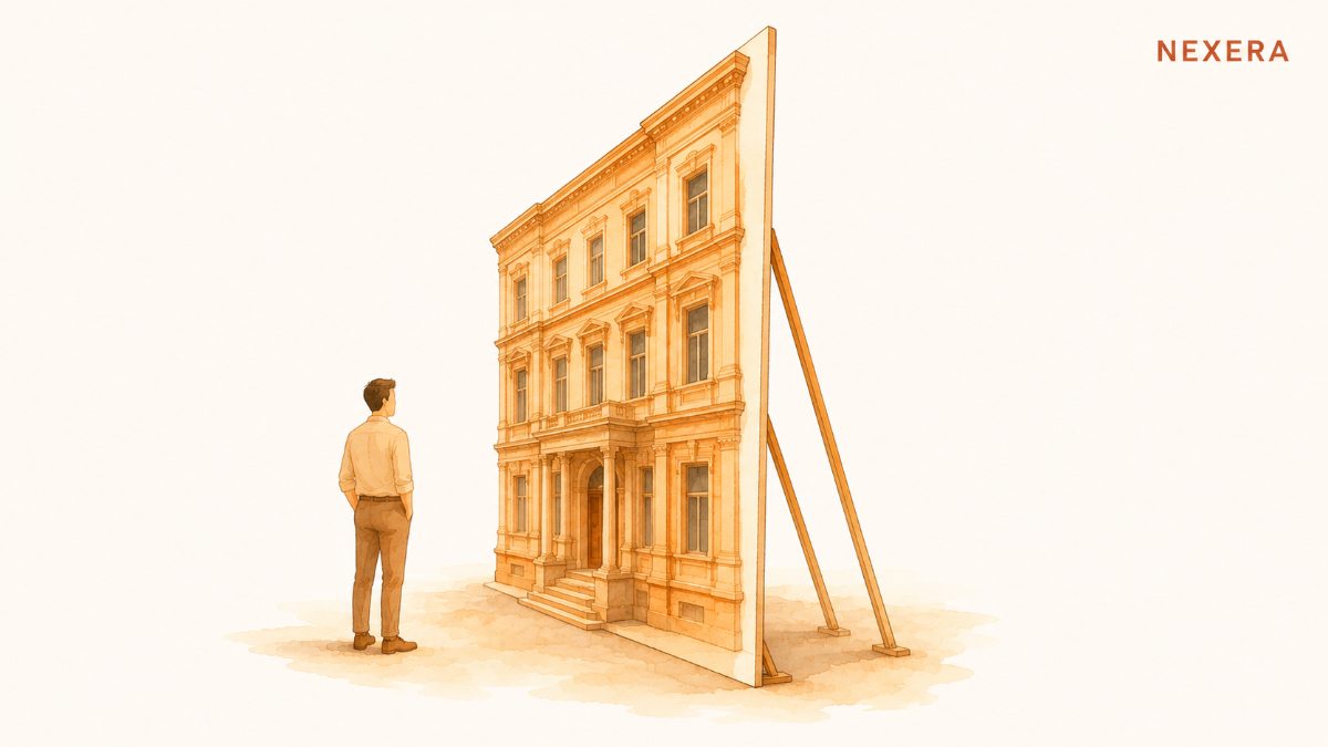 An impressive building facade revealed from the side to be a thin propped-up prop