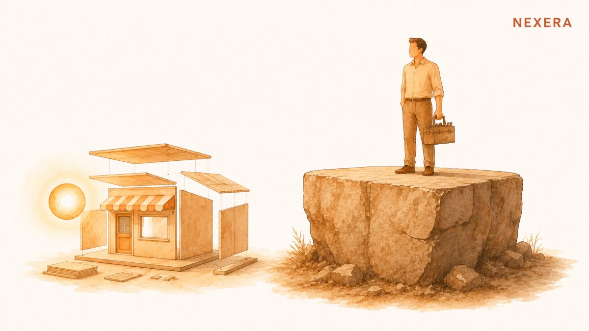 A man on solid weathered rock with a worn toolbox beside a lightweight shop being snapped together