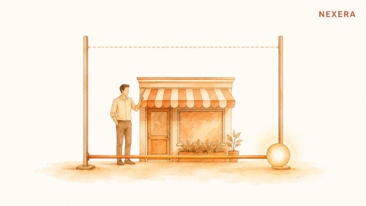A lowered bar with a small storefront now clearing it, the old high position marked above